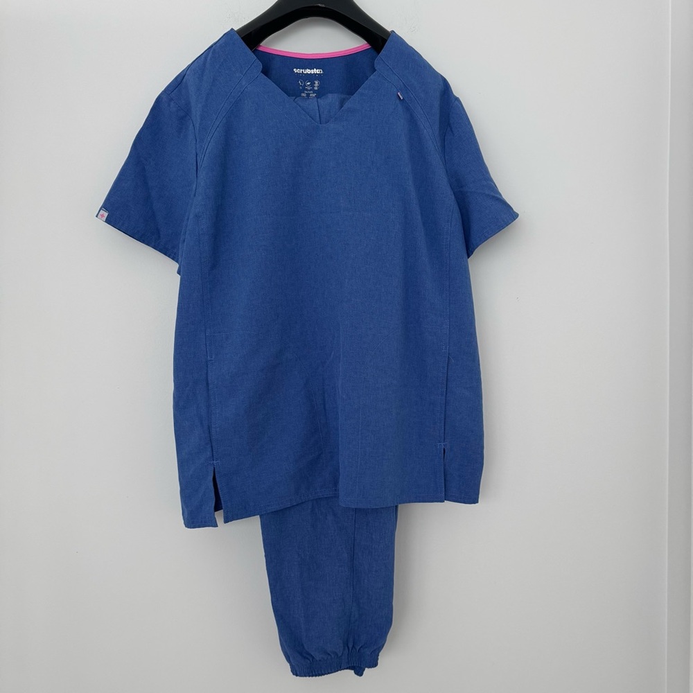 Scrubstar Blue V-Neck Scrub Top Pants Set Pink Trim Hospital 2XL